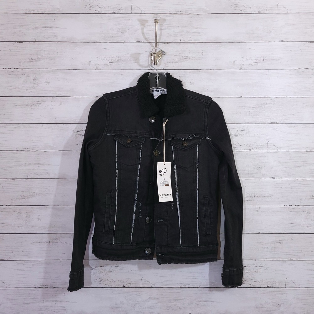 Kreamy Black Wash Distressed Denim Jacket Borg Collar Juniors Medium NWT Sherpa